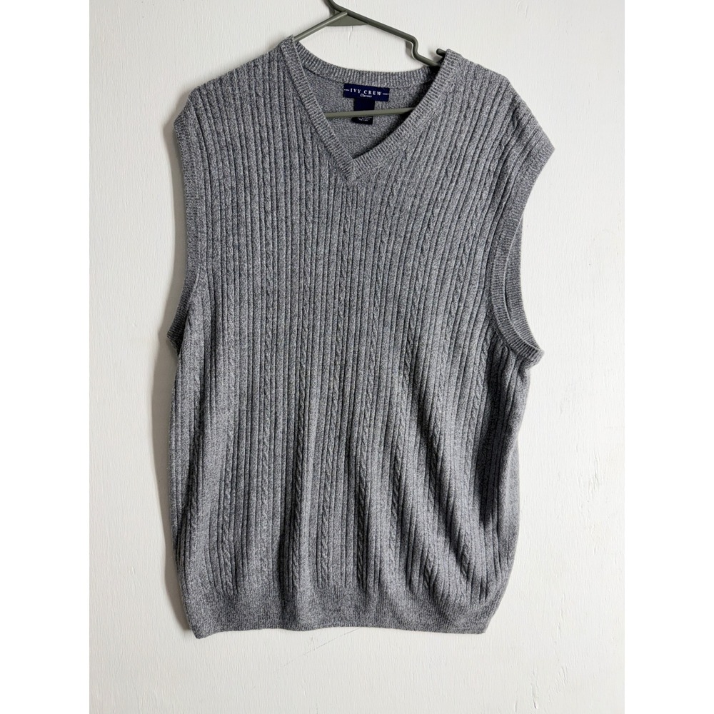 Ivy Crew Classics Mens Large Gray V-Neck Cable Knit Sweater Vest Preppy Office